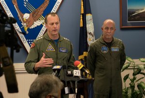 Vice Admiral Mike Shoemaker and Rear Admiral Roy Kelley speak to the press about the arrival of the F-35.